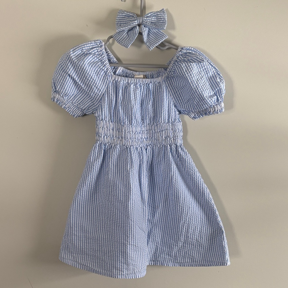 Crewcuts Seersucker Blue and White Striped Dress with Bow